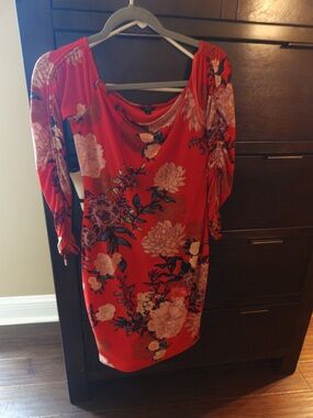 Guess Red Floral Long Sleeve Dress